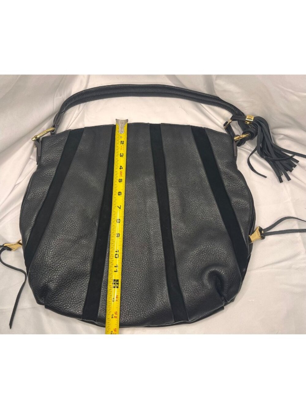 Aimee Kestenberg Black Leather Suede Stripe Hobo Shoulder Bag Gold Tassel - Picture 10 of 12